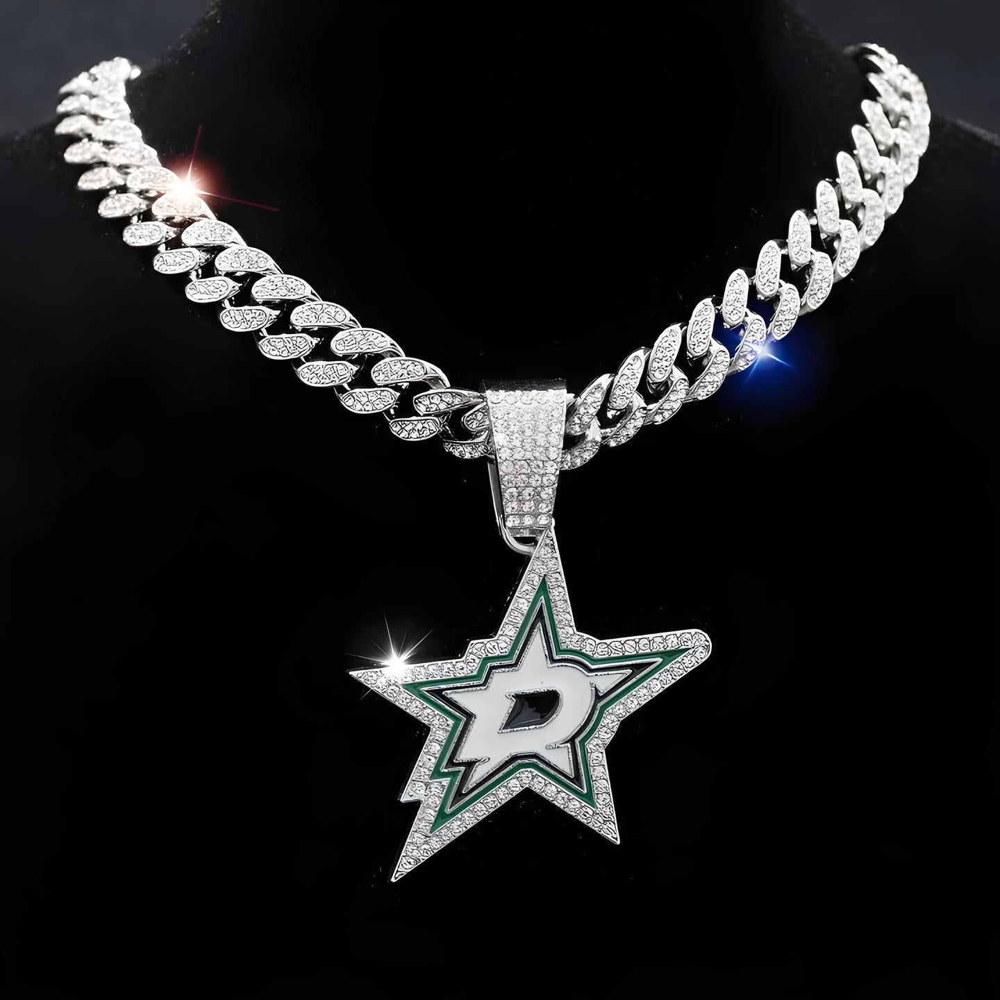 DALLAS STARS GEM NECKLACE Silver Bling NHL Hockey Hip Hop Pendant & 20"-28" Chain