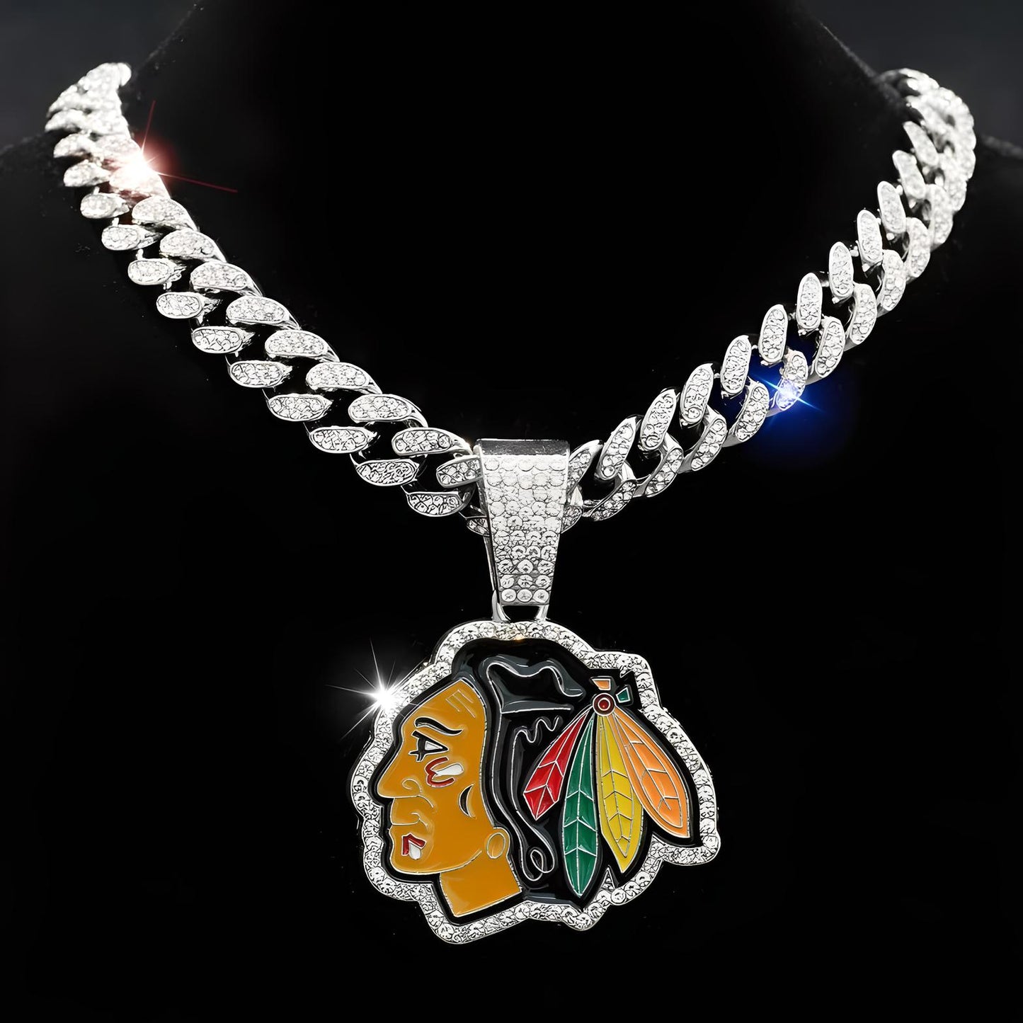 CHICAGO BLACKHAWKS GEM NECKLACE Silver Bling NHL Hockey Hip Hop Pendant & 20"-28" Chain