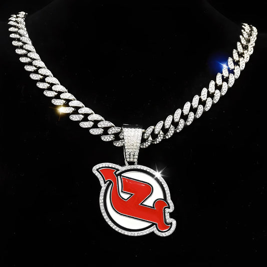 NEW JERSEY DEVILS GEM NECKLACE Silver Bling NHL Hockey Hip Hop Pendant & 20"-28" Chain