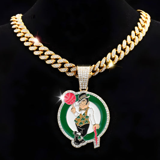 BOSTON CELTICS GEM NECKLACE Gold Bling NBA Basketball Hip Hop Pendant & 20"-28" Chain