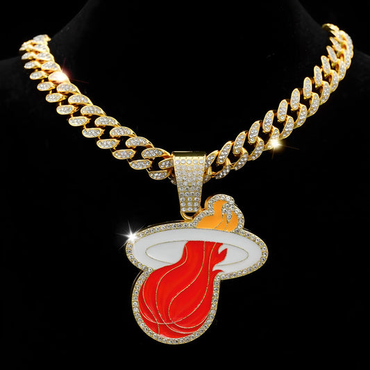 MIAMI HEAT GEM NECKLACE Gold Bling NBA Basketball Hip Hop Pendant & 20"-28" Chain