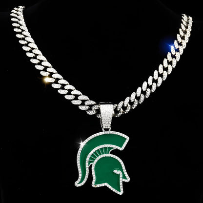 MICHIGAN STATE SPARTANS GEM NECKLACE Silver Bling NCAA University Hip Hop Pendant & 20"-28" Chain