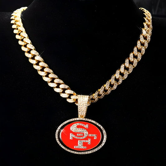 SAN FRANCISCO 49ERS GEM NECKLACE Gold Bling NFL Football Hip Hop Alt. Pendant & 20"-28" Chain