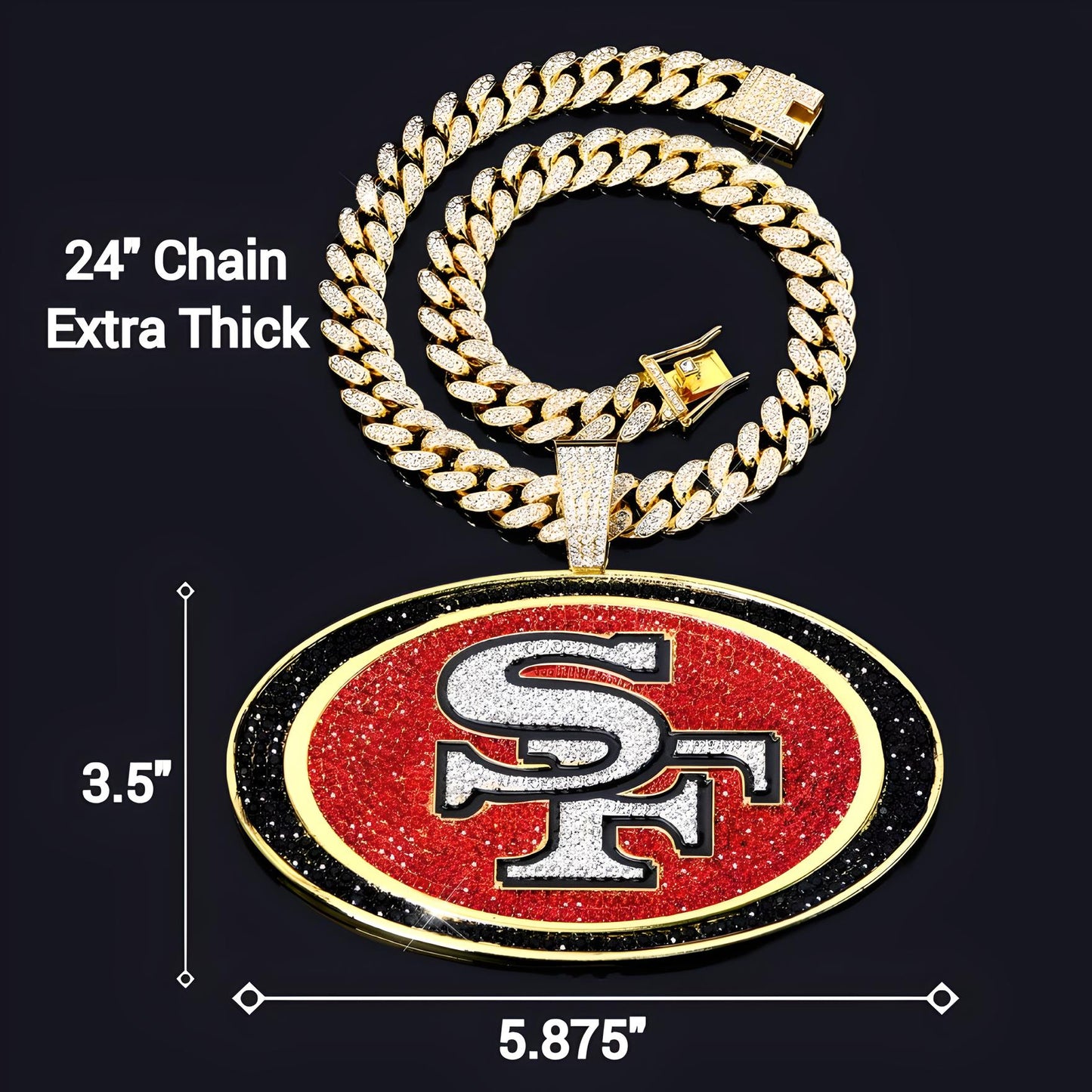 SAN FRANCISCO 49ERS JUMBO GEM NECKLACE Gold Bling NFL Football Hip Hop XL Pendant & 24" Chain