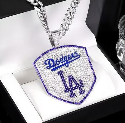 LOS ANGELES DODGERS LARGE GEM NECKLACE Silver Bling MLB Baseball Hip Hop XL Pendant & 24" Chain