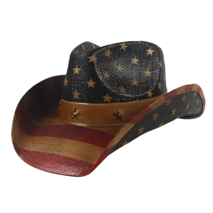 STRAW COWBOY HAT Men & Woman Adult Size - American Flag with Bronze Band