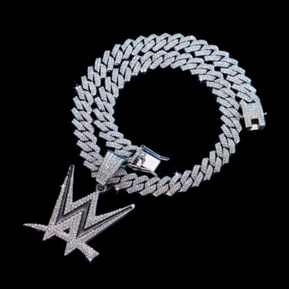 WWE GEM NECKLACE Silver Bling WWE Wrestling Logo Hip Hop Pendant & 20"-28" Tilted Link Chain