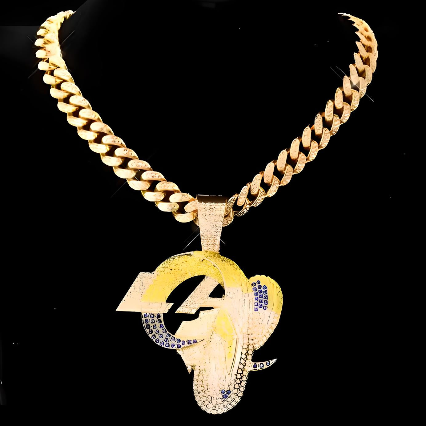 LOS ANGELES RAMS GEM NECKLACE Gold Bling NFL Football Hip Hop Pendant & 20"-28" Chain