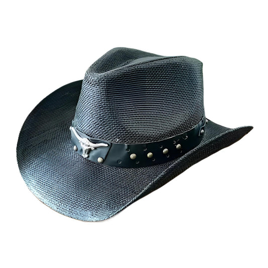 STRAW COWBOY HAT Men & Woman Adult Size - Black with Longhorn Accent