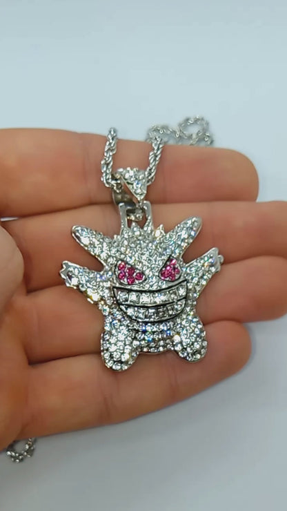 WHITE/SILVER GENGAR GEM NECKLACE Pokemon Hip Hop Pendant & 22" Twisted Chain