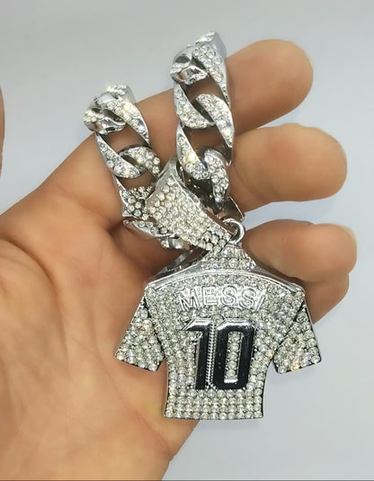 LIONEL MESSI GEM NECKLACE #10 Soccer/Football Silver Bling Jersey & 20" Chain