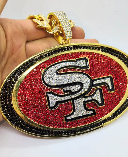 SAN FRANCISCO 49ERS JUMBO GEM NECKLACE Gold Bling NFL Football Hip Hop XL Pendant & 24" Chain