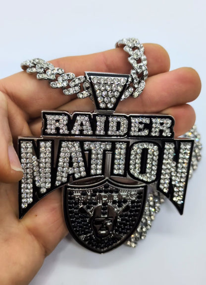 RAIDER NATION GEM NECKLACE Silver Bling NFL Football Hip Hop Las Vegas Raiders Pendant & 24" Chain