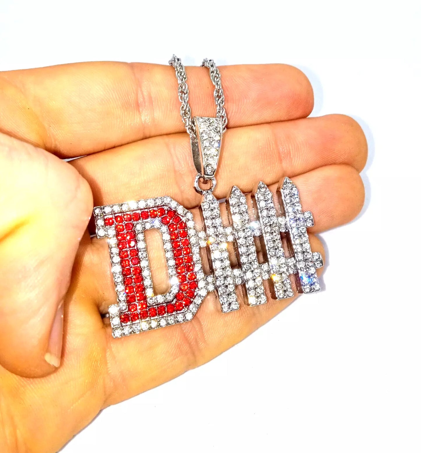 DEFENSE "D-FENSE" GEM NECKLACE Silver Bling Sports Hip Hop Pendant & 23" Chain