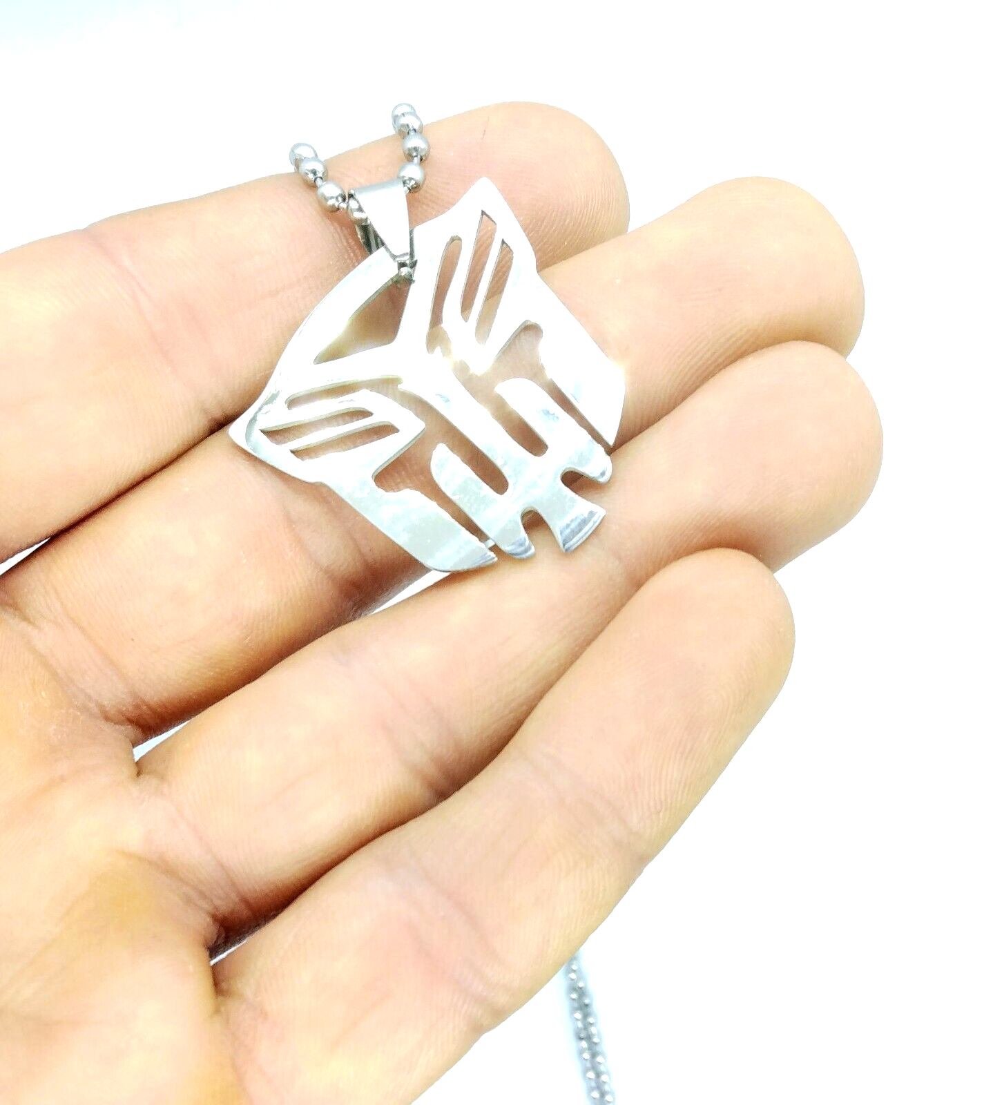 TRANSFORMERS NECKLACE Silver Autabot Face Pendant & Stainless Steel Bead Chain