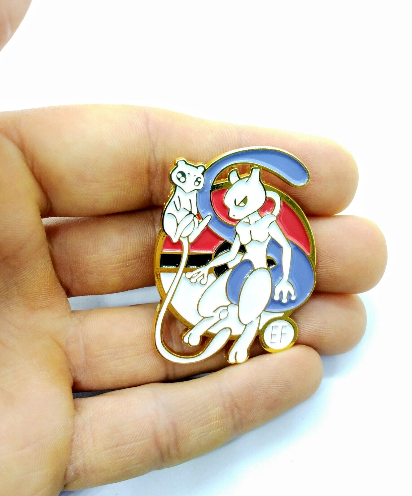 MEWTWO PIN Pokemon Golden Round Circle Flying High w/ Mew Enamel Brooch Anime