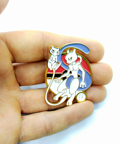 MEWTWO PIN Pokemon Golden Round Circle Flying High w/ Mew Enamel Brooch Anime