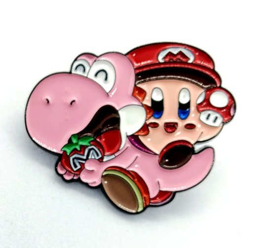 MARIO KIRBY RIDING YOSHI PIN Pink Super Bros Kart Enamel Brooch Cartoon