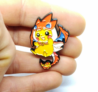 PIKACHU WEARING CHARIZARD PONCHO PIN Jumping Pokemon Mascot Enamel Brooch Anime