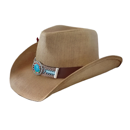 STRAW COWBOY HAT Men & Woman Adult Size - Brown with Turquoise