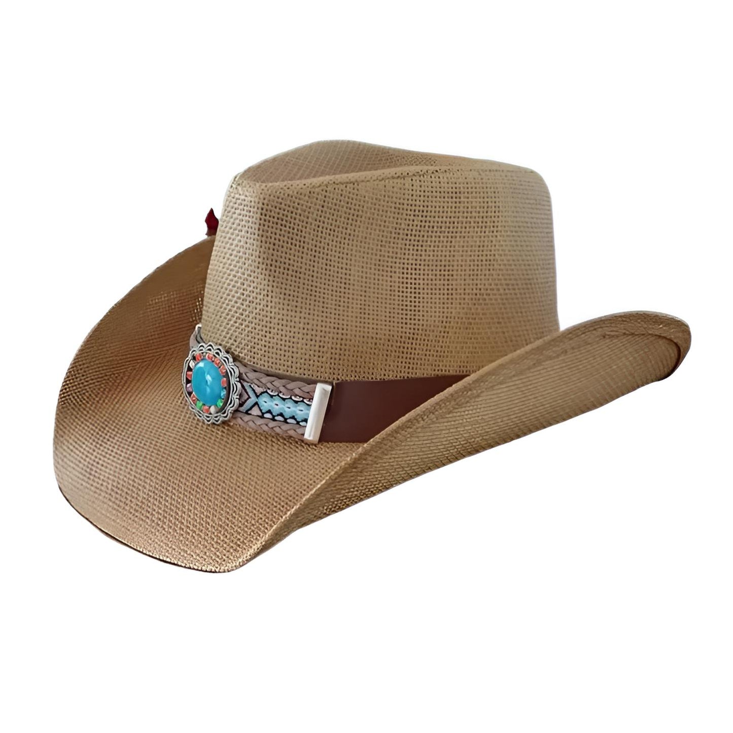 STRAW COWBOY HAT Men & Woman Adult Size - Brown with Turquoise