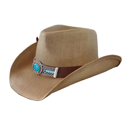 STRAW COWBOY HAT Men & Woman Adult Size - Brown with Turquoise