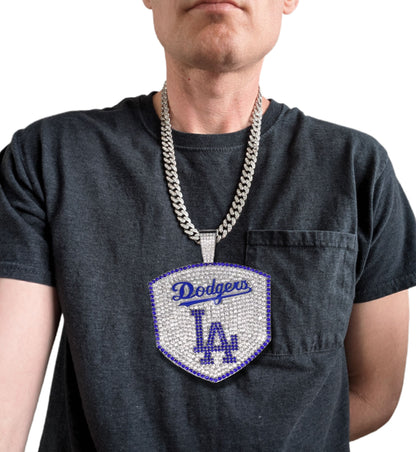 LOS ANGELES DODGERS LARGE GEM NECKLACE Silver Bling MLB Baseball Hip Hop XL Pendant & 24" Chain